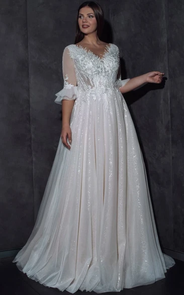 V-neck Illusion Half-sleeve A-line Plus Size Ball Gown Modest Wedding Dress with Lace applique