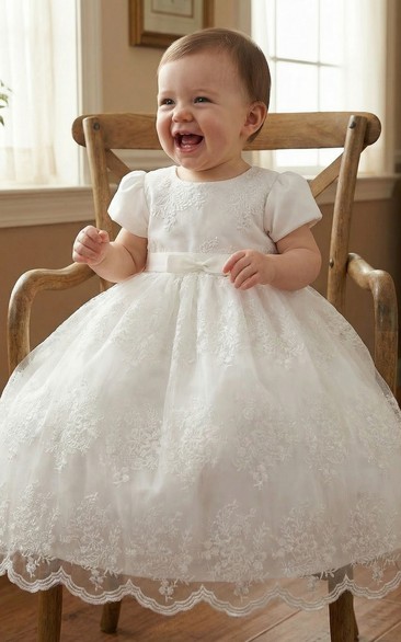 Christening White Baby Flower Girl Dress Ball Gown Lace Skirt with Bow Waist