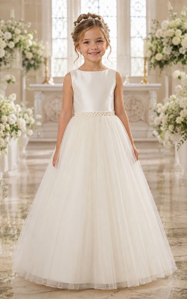 Simple Sleeveless Tulle Flower Girl Ball Gown with Beaded Belt