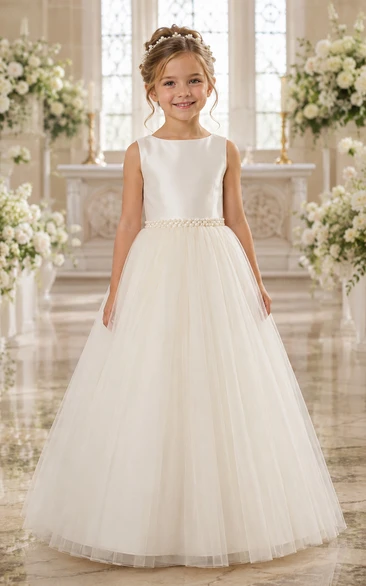 Simple Sleeveless Tulle Flower Girl Ball Gown with Beaded Belt