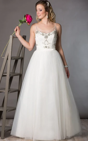 Spaghetti Straps Tulle Bridal Ball Gown With Crystal Top