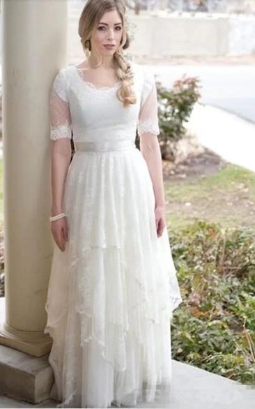 Modest Country Style Bohemian Garden Lace Tulle Scoop Neck Illusion Short Sleeves Wedding Dress
