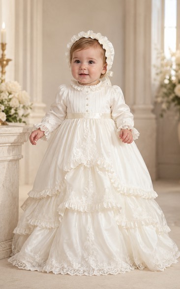 Baby Christening Gown Modest Princess Ball Gown Long Sleeve Tulle Lace Floor-Length Sweep Train with Bow Sash in Cream
