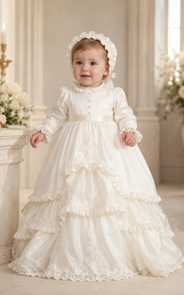 Baby Christening Gown Modest Princess Ball Gown Long Sleeve Tulle Lace Floor-Length Sweep Train with Bow Sash in Cream