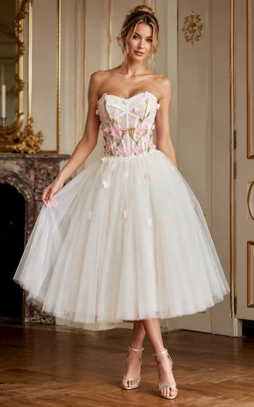 Ivory Strapless Cocktail Dress with Floral Appliqué