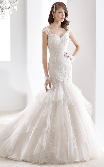 Sweetheart Cap sleeve Sheath Wedding Dress with Mermaid Style and Tier Ruching Train