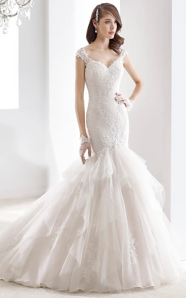Sweetheart Cap sleeve Sheath Wedding Dress with Mermaid Style and Tier Ruching Train