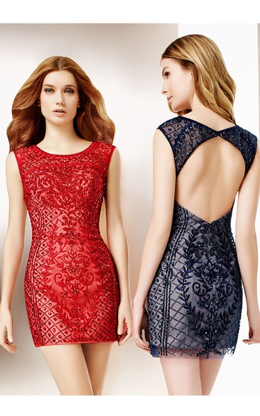 Pencil Short Sleeveless Beaded Scoop Neck Tulle Cocktail Dress