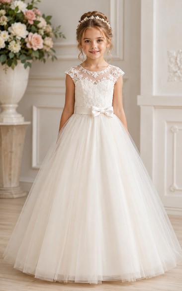 Ivory Ball Gown Lace Flower Girl Dress with Appliques, Bow Sash