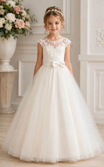 Ivory Ball Gown Lace Flower Girl Dress with Appliques, Bow Sash