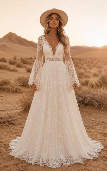 Western Vintage Country A-Line Wedding Dress Long Bell Sleeve V-Neck Tulle Lace Applique Floor Length Chapel Train Ivory