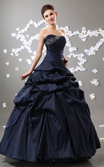 Taffeta Strapless Pick-Up Ruffled Ball Gown With Beading