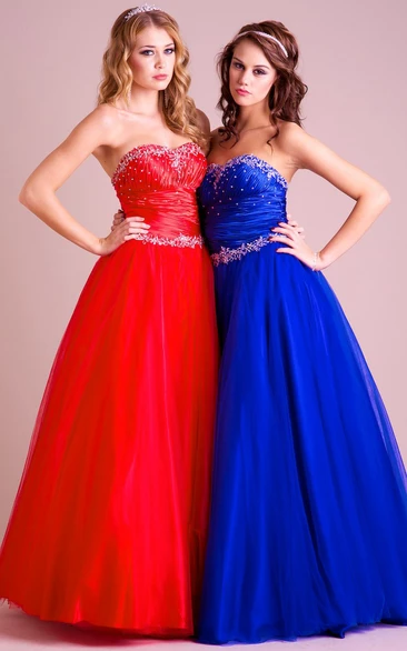 A-Line Sleeveless Sweetheart Long Beaded Tulle Prom Dress With Ruching