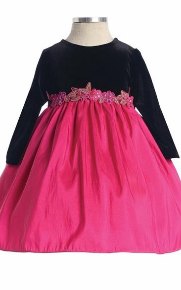 Tea-Length Bowed Floral Taffeta Flower Girl Dress