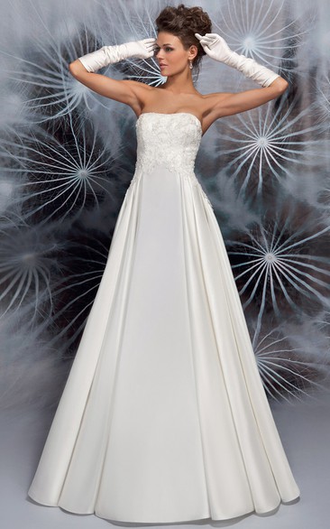 A-Line Maxi Empire Strapless Appliqued Sleeveless Satin Wedding Dress With Pleats And Flower