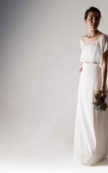 Chiffon A-Line Short Sleeve Two Piece Dress With Scoop Neck