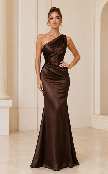 Chocolate One-Shoulder Satin Sheath Evening Dress with Draped Waist
