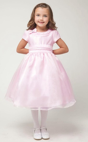 Tea-Length Bowed Cap-Sleeve Organza&Satin Flower Girl Dress