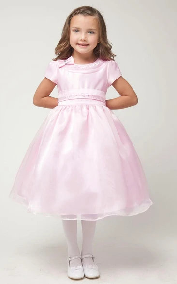 Tea-Length Bowed Cap-Sleeve Organza&Satin Flower Girl Dress