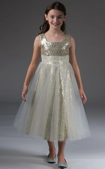 Flower Girl Square Neck Empire Sequin Tea Length Dress With Tulle-wrap Skirt