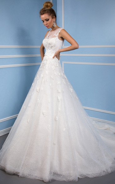 Ball-Gown Appliqued Sleeveless Floor-Length Scoop Tulle Wedding Dress With Illusion Back And Court Train