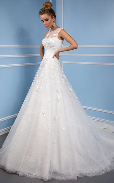 Ball-Gown Appliqued Sleeveless Floor-Length Scoop Tulle Wedding Dress With Illusion Back And Court Train