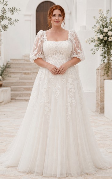 Plus Size Hochzeitskleid in A-Linie mit eckigem Ausschnitt, Puffärmeln und Spitze