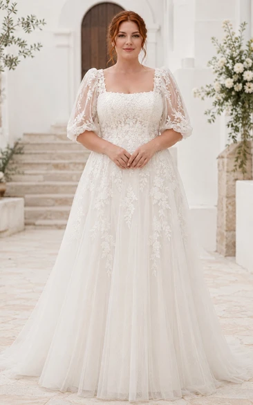 Plus Size Hochzeitskleid in A-Linie mit eckigem Ausschnitt, Puffärmeln und Spitze