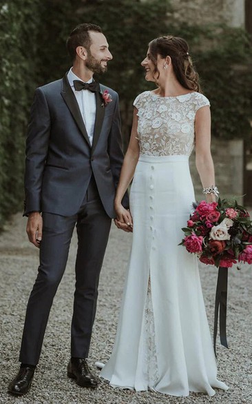 Cap Sheath Mermaid Applique Front Split Simple Wedding Dress with Lace Top
