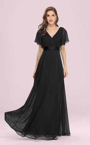 Elegant Chiffon V-neck A Line Short Sleeve Prom Mother Dress With Ruffles