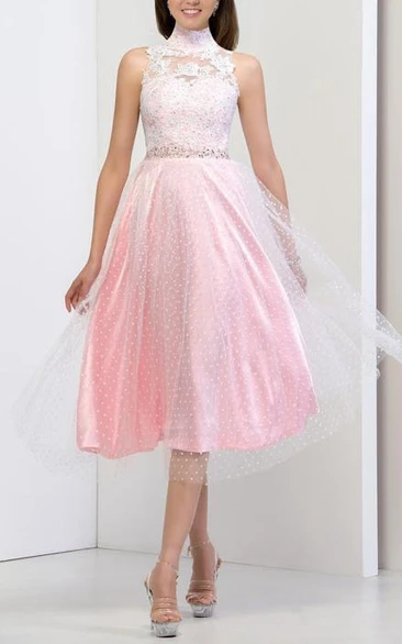 High Neck Open Back Sequins Appliques Prom Dress