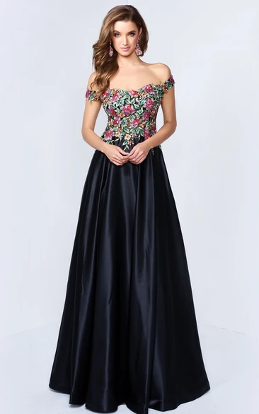 A-Line Off-The-Shoulder Satin Keyhole Dress With Beading And Embroidery