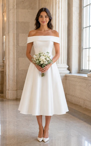 Ivory Tea-length Off-the-shoulder Satin A-line Wedding Dress