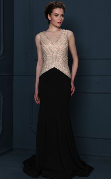 Long V-Neck Beaded Jersey Evening Dress With Sweep Train And V Back