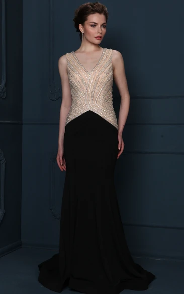 Long V-Neck Beaded Jersey Evening Dress With Sweep Train And V Back