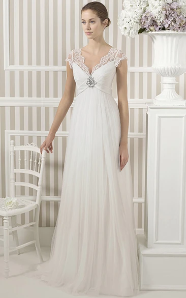 V-Neck Cap Sleeve Appliqued Empire Tulle Lace Wedding Dress
