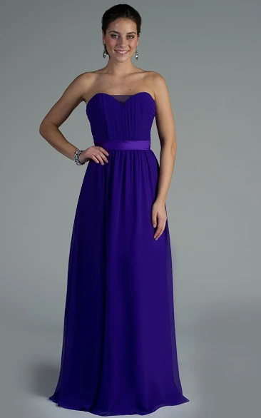 Illusion Sweetheart A-Line Chiffon Long Bridesmaid Dress With Satin Sash