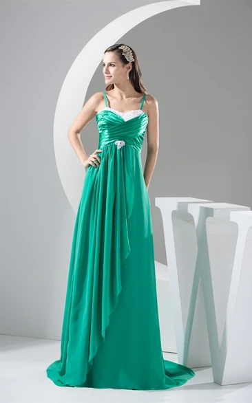 Spaghetti-Straps Floor-Length Chiffon Broach and Dress With Pleats