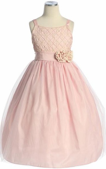 Tea-Length Embroideried Sleeveless Tulle&Taffeta Flower Girl Dress