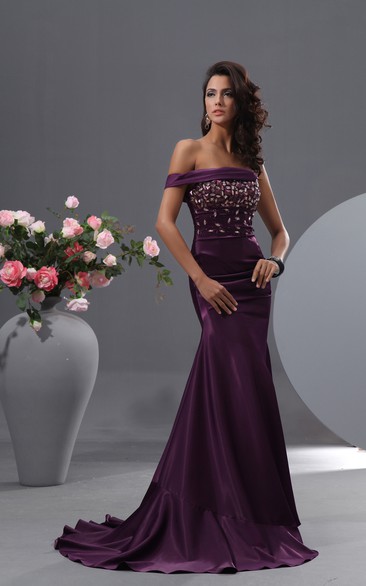 Sexy Single Off Shoulder Stretch Satin Mermaid Gown With Crystal