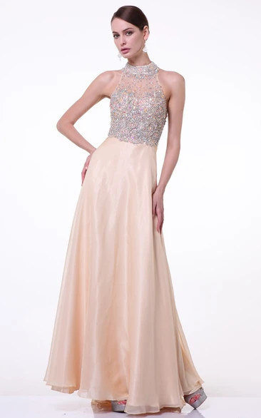 A-Line Floor-Length High Neck Sleeveless Satin Illusion Dress With Beading