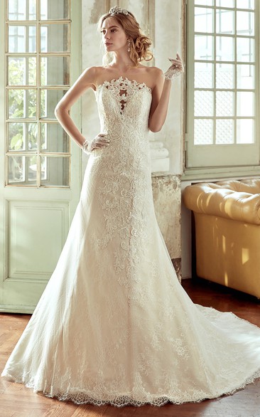Strapless Lace Wedding Dress with Appliqued Bust and Brush Train 