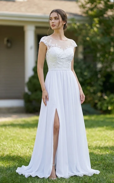 Cap Sleeve Chiffon A-Line Dress with Front Slit