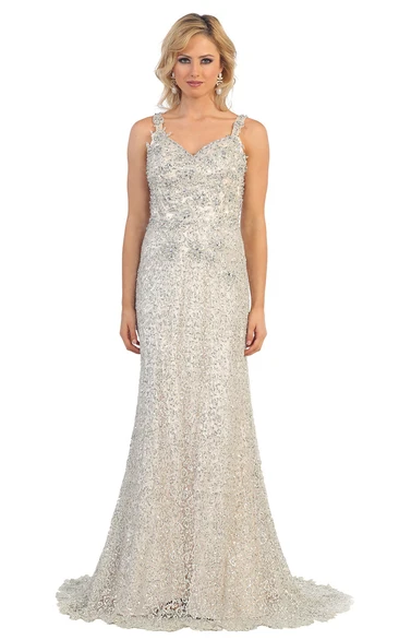 Sheath Straps Sleeveless Lace Low-V Back Dress With Beading