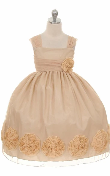 Tea-Length Floral Floral Empire Pleated Flower Girl Dress With Ribbon