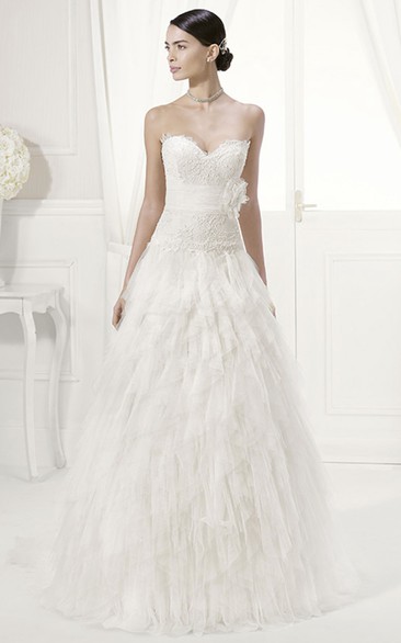 Sweetheart Lace Top Tiered Tulle Gown With Removable Off-Shoulder Half Sleeves