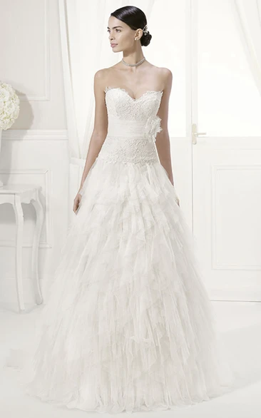 Sweetheart Lace Top Tiered Tulle Gown With Removable Off-Shoulder Half Sleeves