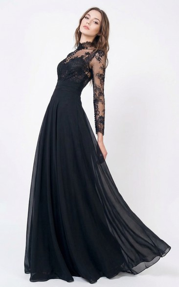 High Neck Lace & Chiffon Gown with Appliques