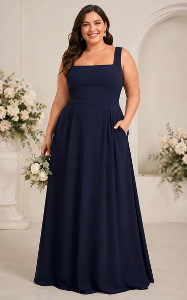 Plus Size Dark Navy A-Line Square Neck Bridesmaid Dress with Pockets