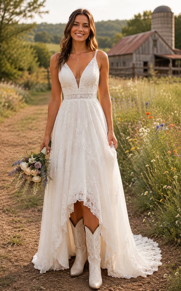 Spaghetti Strap High-Low Lace Country Wedding Dress with Low Back and Train